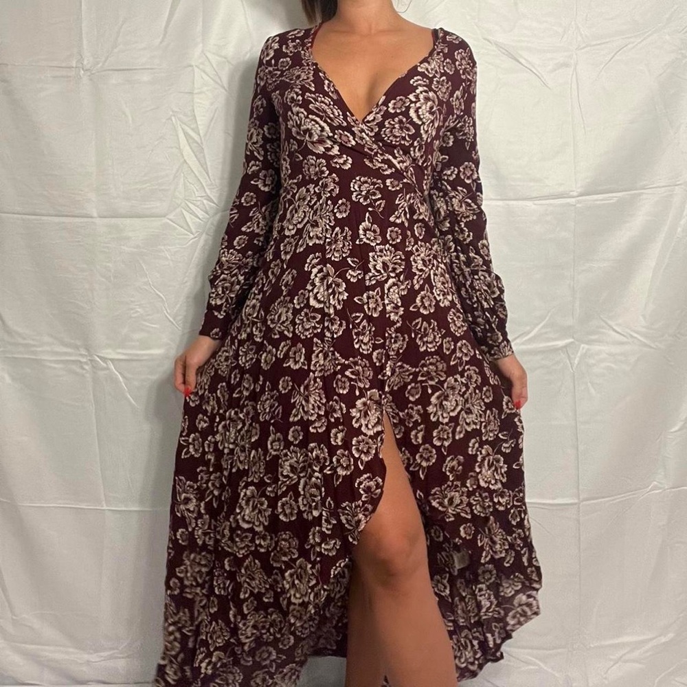 Cotton‎ Candy LA burgundy red and white floral wrap tie dress with long sleeves